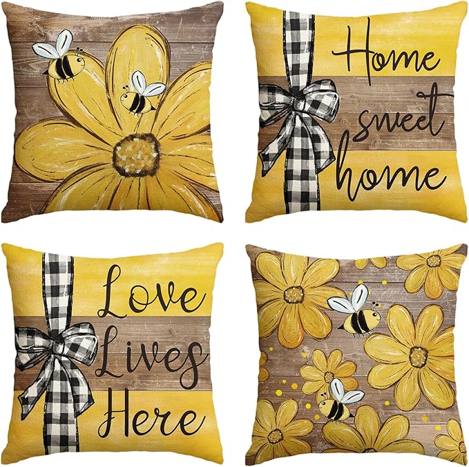 AVOIN colorlife Spring Home Sweet Home Bee Sunflower Throw Pillow Covers, 16 x 16 Inch Love Lives Here Summer Stripes Polka Dots Cushion Case for Sofa Couch Set of 4