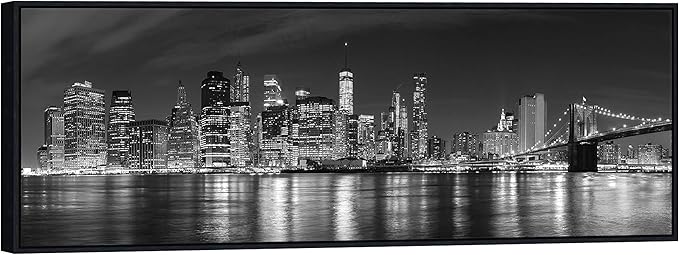 Wieco Art Framed Wall Art New York Manhattan Night View Black and White Wall Decor Canvas Prints Modern Canvas PrintsCityscape Pictures Paintings on Canvas for Bedroom and Living Room