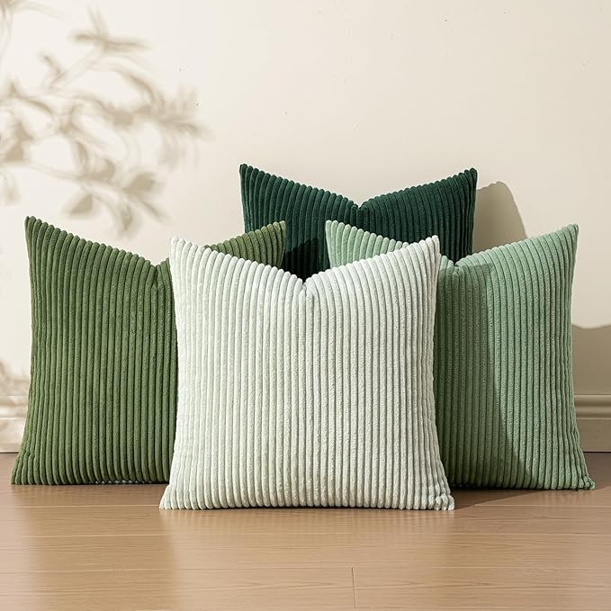 EMEMA Spring Green Decorative Throw Pillow Covers for Couch Bed Livingroom 16x16 Inch Set of 4 Boho Farmhouse Corduroy Striped Square Pillow Case,Western Modern Cushion Covers Home Decor