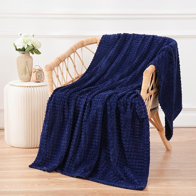 Puncuntex Flannel Fleece Throw Blanket Navy Blue 50"×60",Super Soft Plush Cozy Blanket with 3D Jacquard Square Grid Design Luxury for Couch Sofa Chair,Dark Blue