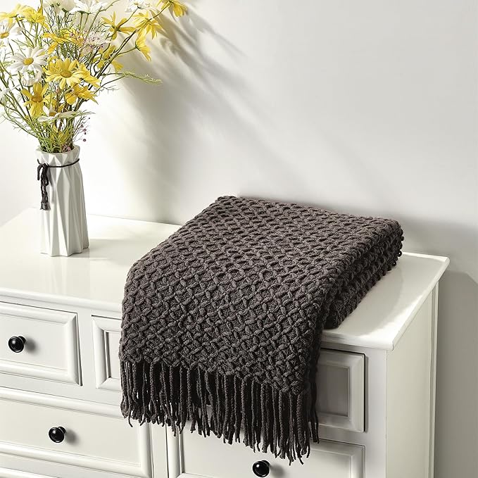 CREVENT Farmhouse Boho Knitted Throw Blanket for Couch Sofa Chair Bed Home Decoration, Soft Warm Cozy Light Weight for Spring Summer Fall (50''X60'' Dark Brown Chocolate)