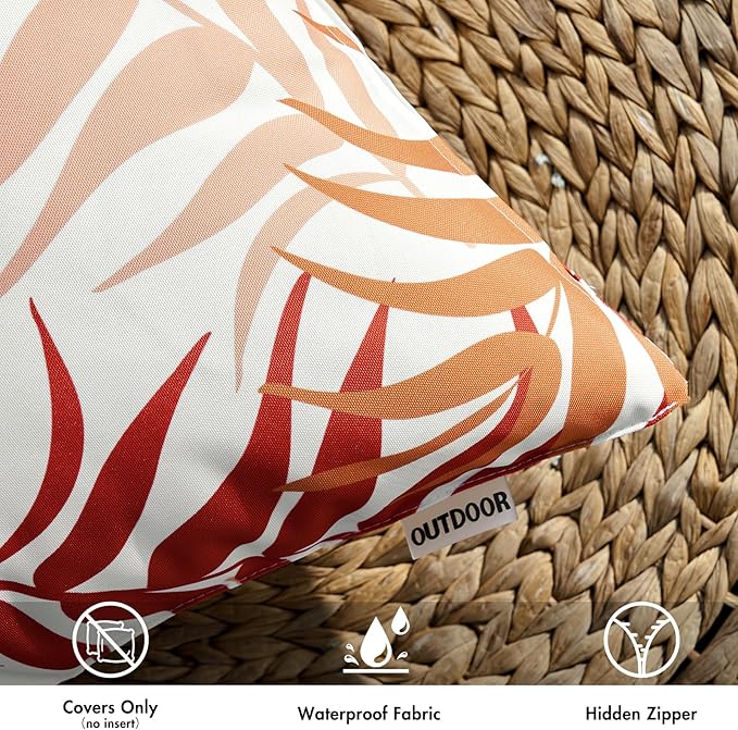 MIULEE Pack of 2 Fall Decorative Outdoor Waterproof Throw Pillow Covers Patio Pillow Cases Natural Leaves Pattern Spring Square Cushion Shams Shell for Garden Balcony Couch 20x20 Inch, Orange