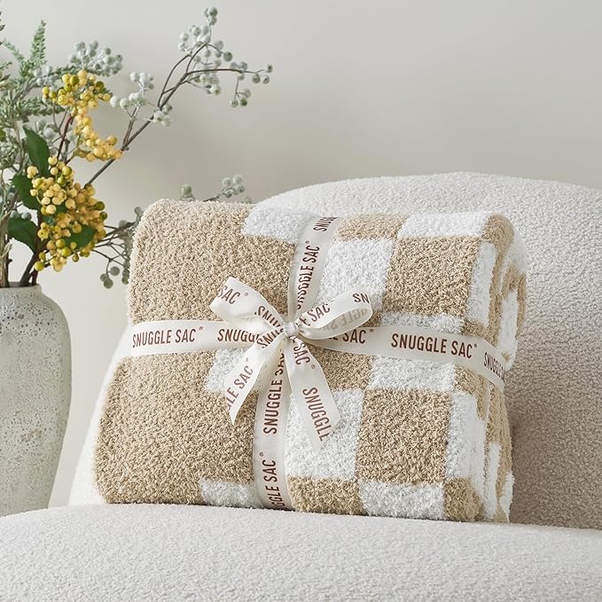 Snuggle Sac Checkered Bedding Blanket Twin Size 60x80, Super Soft, Cozy Warm Knit Blankets, Reversible Breathable Lightweight Fluffy Throws for Sofa, Bed, Checkered Beige, 60x80 Inches