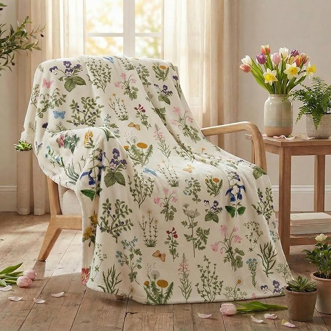 Horaldaily Spring Summer Flannel Blanket Throw, Green Plants Wild Flowers Soft Fuzzy Plush Cozy Fleece Blankets for Couch Sofa Bed Lounging, Ideal Gifts for Kids Adults Self, 60x80