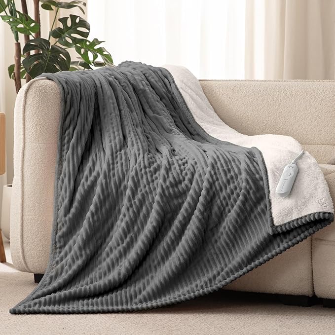 Reaks Electric Heated Throw Blanket, Silky Soft Flannel & Sherpa Heating Blanket Throw with 5 Heat Levels & 3 Hours Auto Off, Warm Gifts for Women Mom Grandma, ETL Certified (50x60 inches, Grey)
