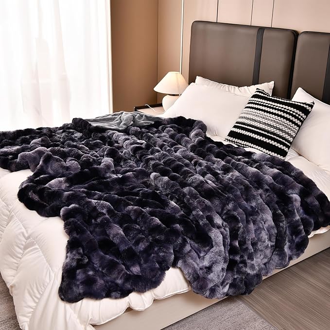 H&D Faux Fur Throw Blanket for Couch,Fluffy Cozy Soft Plush Luxury Thick Fuzzy Fleece Blanket for Couch Bed Sofa Bedroom Living Room,Comfy Bubble Blanket
