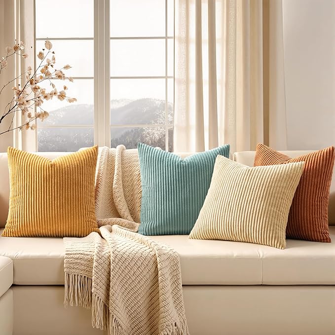EMEMA Teal Orange Decorative Throw Pillow Covers for Couch Bed Livingroom 18x18 Inch Set of 4 Boho Farmhouse Corduroy Striped Square Pillow Case,Western Modern Cushion Covers Spring Home Decor