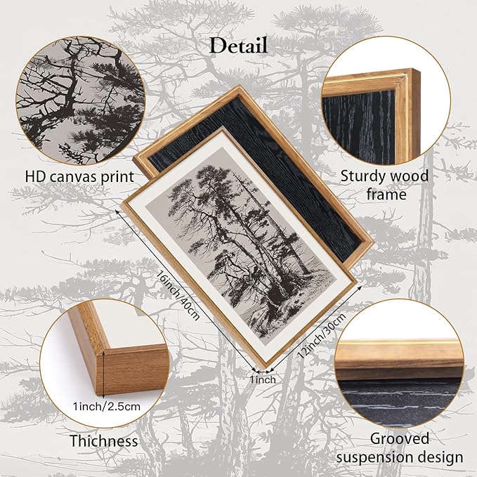 CHDITB Vintage Sketch Pine Tree Framed Canvas Wall Art Set Of 3, Antique Wilderness Forest Wall Decor, Nature Botanical Wall Painting, Modern landscape Art Prints for Living Room Bedroom(12X16 Inch)
