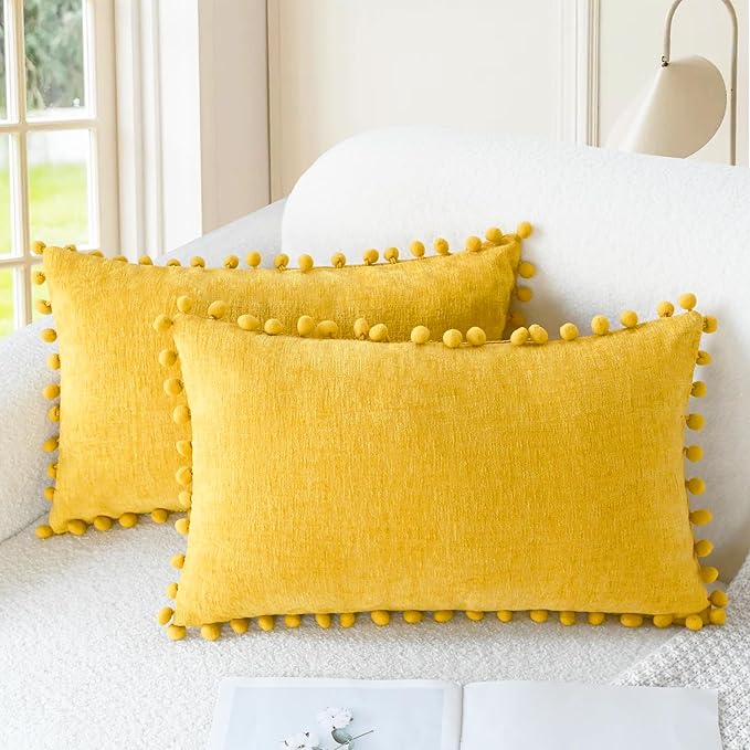 CaliTime Throw Pillow Covers Decorative 20 X 12 Inches Pack of 2 Cozy Solid Dyed Soft Chenille Cushion Cases with Pom Poms for Couch Sofa Bed Living Room Home Mustard Yellow