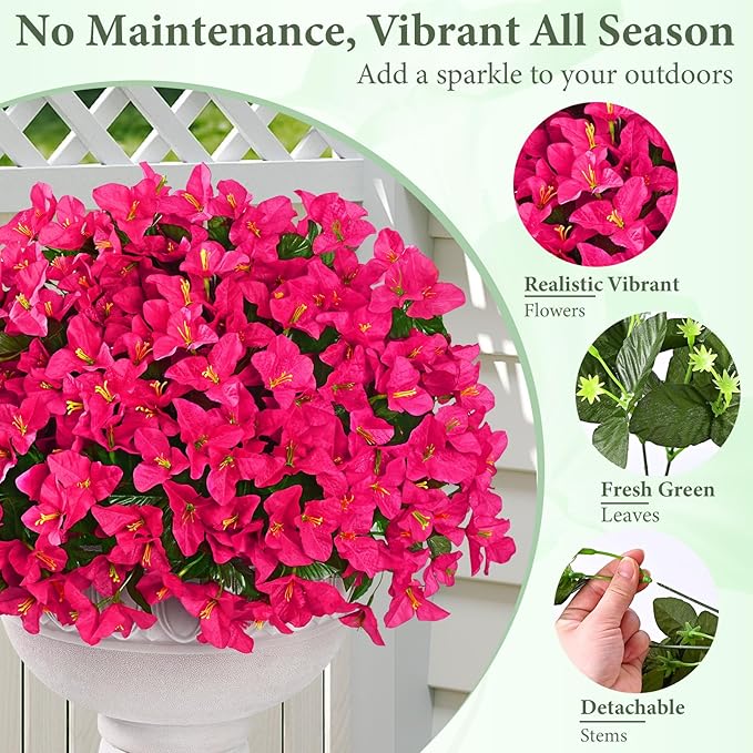 Yastouay 8 Bundles Artificial Flowers for Outdoors, Realistic Bougainvillea Fake Flowers for Outside, UV Resistant Silk Outdoor Faux Plants for Porch Patio Planter Front Door Garden Decor(Hot Pink)