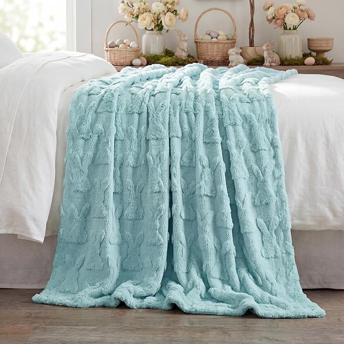 Horaldaily Easter Solid Blanket Throw, Blue Rabbits Soft Fuzzy Plush Faux Fur Cozy Blankets for Couch Sofa Bed Lounging, Ideal Gifts for Kids Adults Wife Self, 60x80