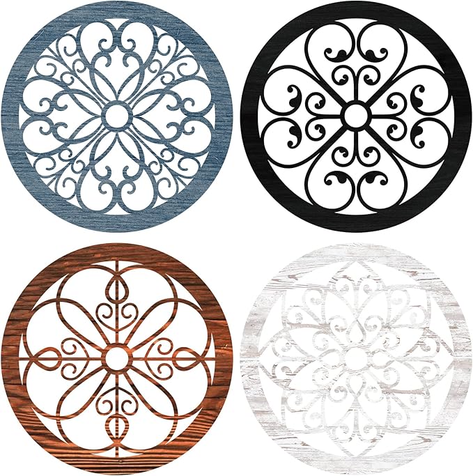 Yulejo 4 Pcs Thicken Rustic Wall Decor Farmhouse Kitchen Wall Round Art Wooden Hollow Carved Design Rustic Art for Living Room Bedroom Hallway Decor (9.8 x 9.8 Inch,Colorful)