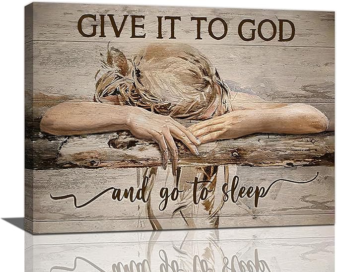 Farmhouse Wall Decor for Bedroom Give It to God and Go to Sleep Sign Pictures Rustic Above Bed Wall Art Christian Girl Sleep Painting Country Bible Verse Canvas Framed Print Artwork 16"x12"