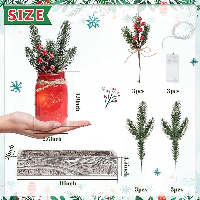 Christmas Mason Jars, Christmas Centerpiece for Table, Set of 3 Colorful Mason Jars with Lights & Artificial Plants, Kitchen Xmas Dining Table Decoration, Winter Home Decor
