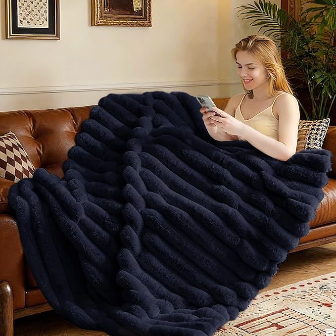Faux Fur Throw Blanket for Couch,Cozy Soft Plush Thick Striped Luxury Blanket for Sofa Living Room Bedroom,60 * 80 Inches, Navy Blue