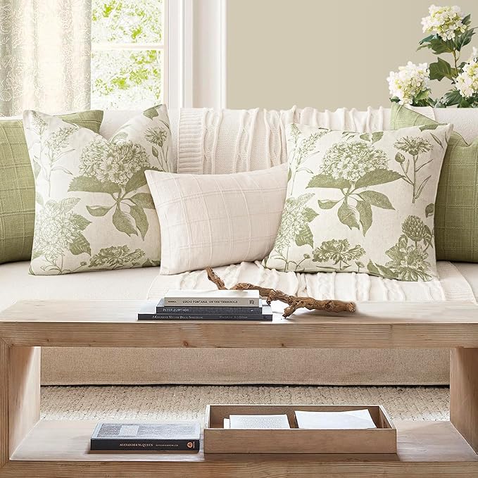 Foindtower Set of 2 Linen Floral Throw Pillow Covers Vintage Accent Print Decorative Cozy Cushion Covers Farmhouse Boho Home Decor for Sofa Chair Couch Bedroom Living Room,22×22 Inch,Light Green