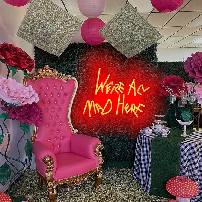 We're All Mad Here Neon Signs/ 14 * 12 Inch/Alice In Wonderland Party Decor, Mad Hatter Tea Party Neon Lights with Diimer Switch for Bedroom Bar Home Dorm Birthday Gifts