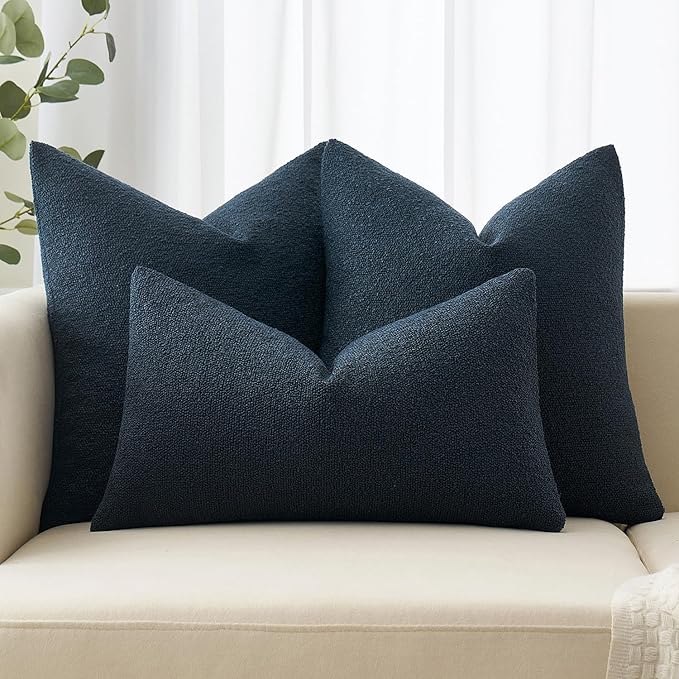 MIULEE Textured Boucle Throw Pillow Cover Navy Blue Accent Solid Lumbar Pillow Case Decorative Soft Pack of 1 Couch Cushion Chair Sofa Bedroom Livingroom Home Decor,12x20 Inch