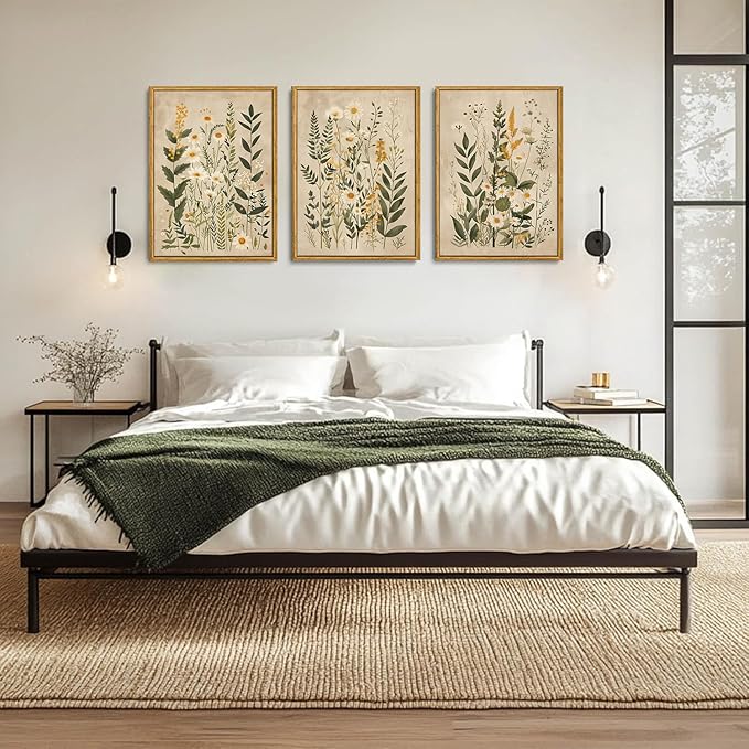 Wodkwq 3 Piece Vintage Floral Canvas Wall Art Framed,Large Wildflower Wall Decor，Neutral Farmhouse Botanical Daisy Wall Painting,Modern Floral Art Prints For Living Room,Bedroom,Office 16x24in