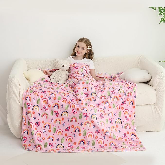 Softan Kids Throw Blanket for Girls & Boys, Warm Soft Toddler Flannel Blankets for Sofa Couch Bed， Cozy Fuzzy Plush Flannel Kids Throw Blanket for Daycare & School - Colorful Rainbow 50x60 inches
