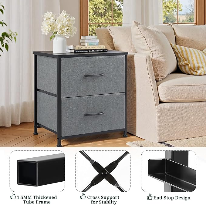 Nightstand Set of 2, Small 2 Drawer Dresser End Table Bedside Furniture, Wooden Top Fabric Bins for Bedroom, Closet, Entryway, Dorm, 11.8" D x 18" W x 20", Gray