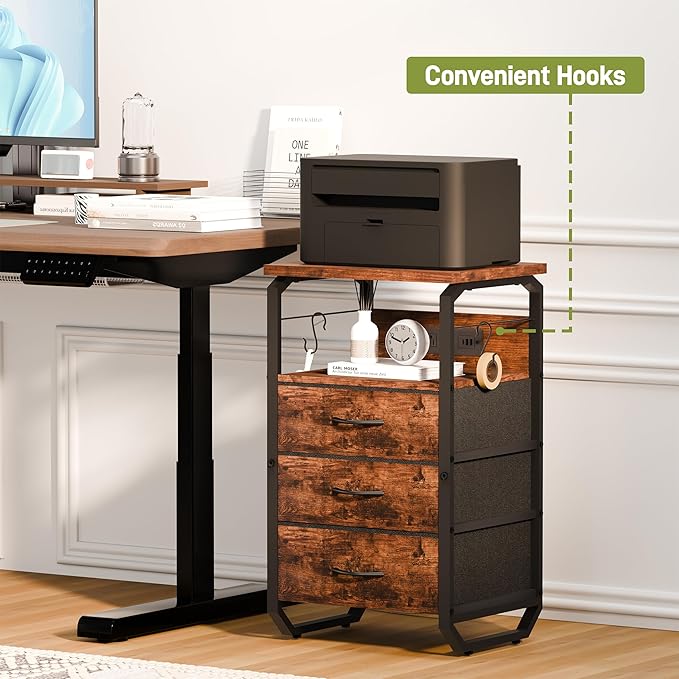 Bed Side Table with 3 Fabric Drawers, Night Stand with Charging Station, LED Nightstand with Hooks, Bedside Table End Table with Storage, Night Table for Living Room, Bedroom (Rustic Brown)