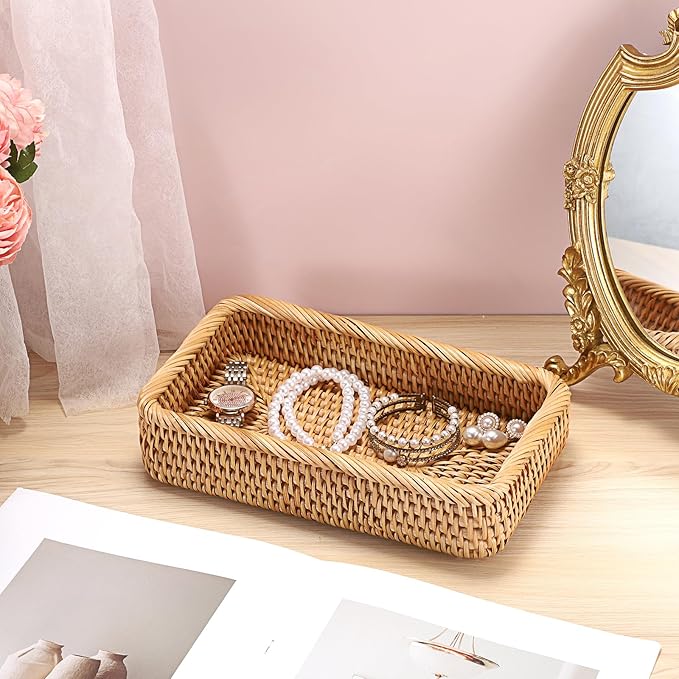 BTSKY Small Remote Basket for Coffee Table Entryway Living Room Rattan Serving Tray 10.1” x 6.1” Handwoven Wicker Baskets Decorative Tray for Wallet Remote Control Trinkets Rings Cosmetics Crackers