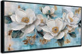 Ardemy Teal Flower Wall Art Framed Canvas for Living Room White Gold Floral Magnolia, Modern Serene Painting Bedroom Picture Textured Artwork Home Office Wall Decor, Black Wood Large 40"x20"