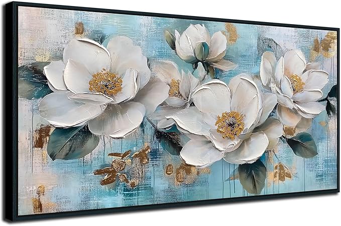Ardemy Teal Flower Wall Art Framed Canvas for Living Room White Gold Floral Magnolia, Modern Serene Painting Bedroom Picture Textured Artwork Home Office Wall Decor, Black Wood Large 40"x20"