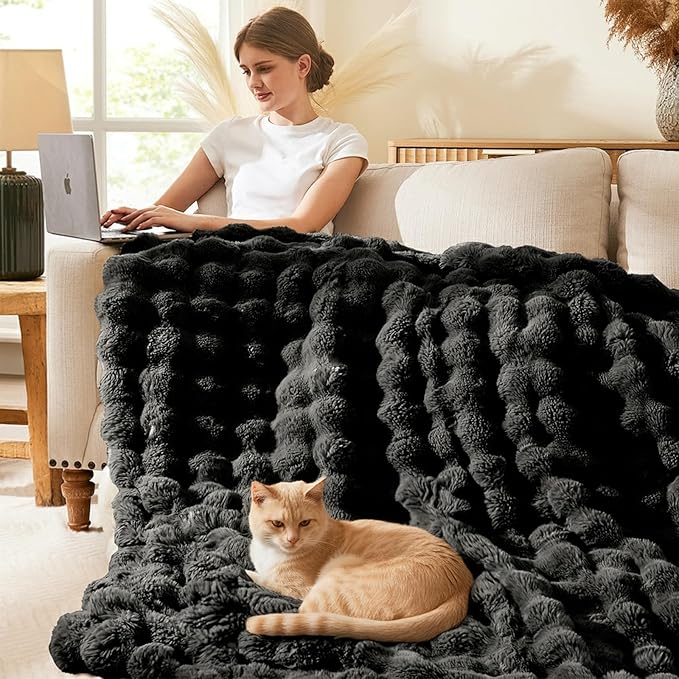 L'AGRATY Faux Rabbit Fur Blanket: 50" x 60" Luxury Soft Fluffy Thick Fur Throw Blanket for Couch Bed Sofa - Cozy Plush Bubble Blankets for Winter: Warm Flannel Fleece Decorative Blanket(Black)