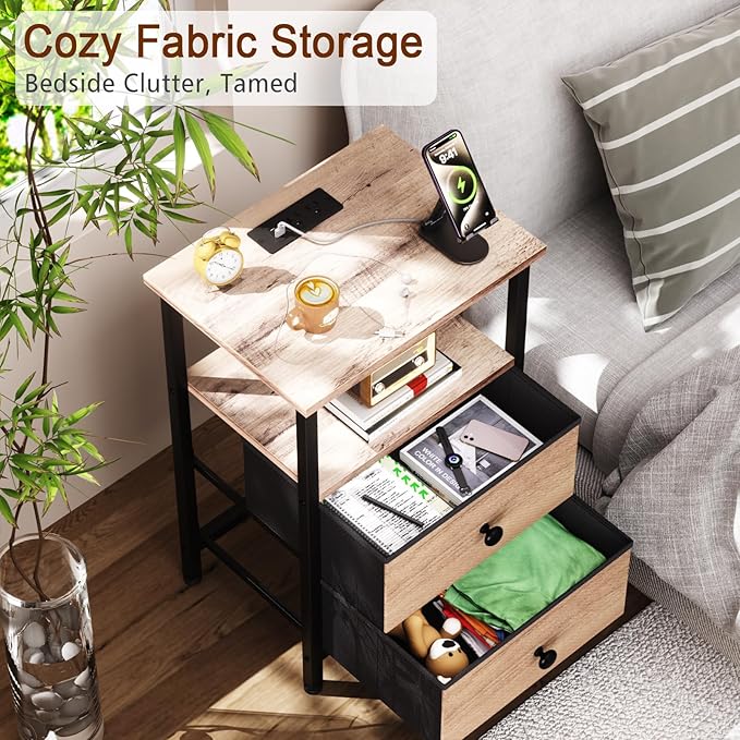 Night Stand with Charging Station, Small Bedside Table with 2 Fabric Drawers, Nightstand with USB Ports & Outlets for Bedroom, Living Room, Grey, HETS020GY-1
