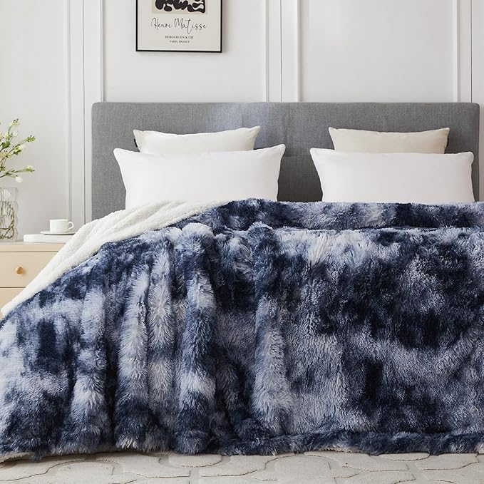 COOVA Ultra Soft Faux Fur Twin Blanket – Fuzzy Fluffy Cozy Microfiber Blankets, Warm Thick Plush Sherpa Fleece Throw Blanket for Couch,Bed,Sofa,Ideal Gift for Women.(Tie Dye Blue, 60"x80")