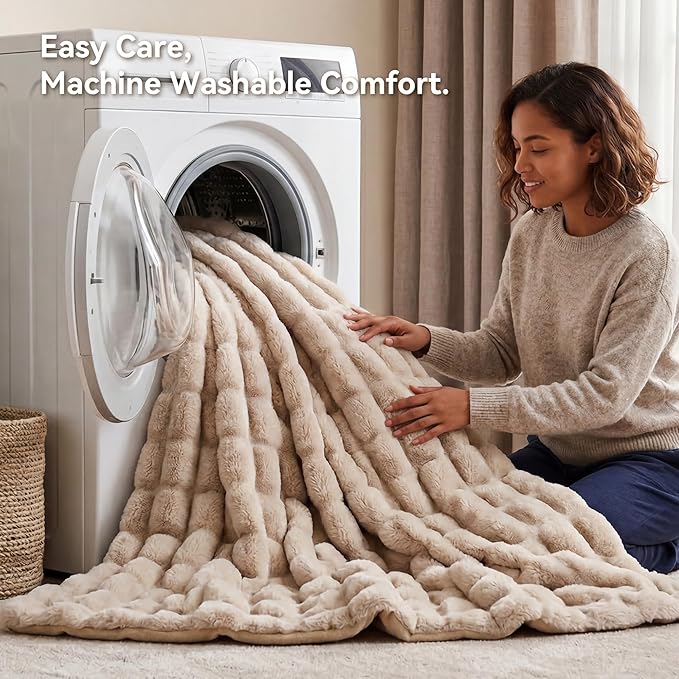 Smoofy Linen Throw Blanket for Couch – Ultra Soft Cozy Plush Fluffy Blanket with Faux Rabbit Fur, Fuzzy Lightweight Fleece for Sofa, Bed & Office, Gift for Women, Home Room Decor Throw 50"x 60"
