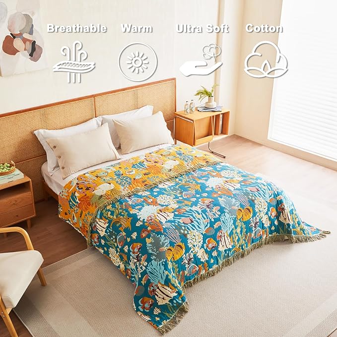 Throw Blanket for Couch Sofa 100% Cotton Blankets for Bedroom Living Room Spring Soft All Season Reversible Underwater Ocean Life Embroidery Throws Coastal Home Decor 50"x60"