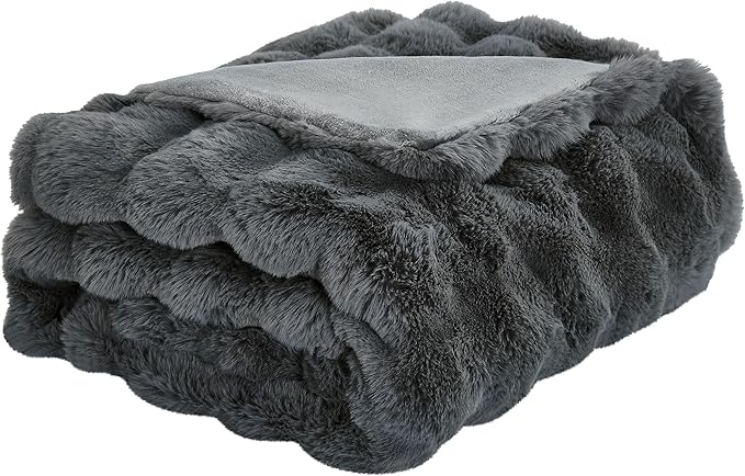 JONIYEAR Solid Thick Fuzzy Bubble Faux Rabbit Fur Blanket Twin Size 60" x 70", Decorative Bumpy Cute Cozy Fluffy Gray Warm Blanket for Winter, Oversized Reversible Poofy Comfy Shag Furry Throw, Grey