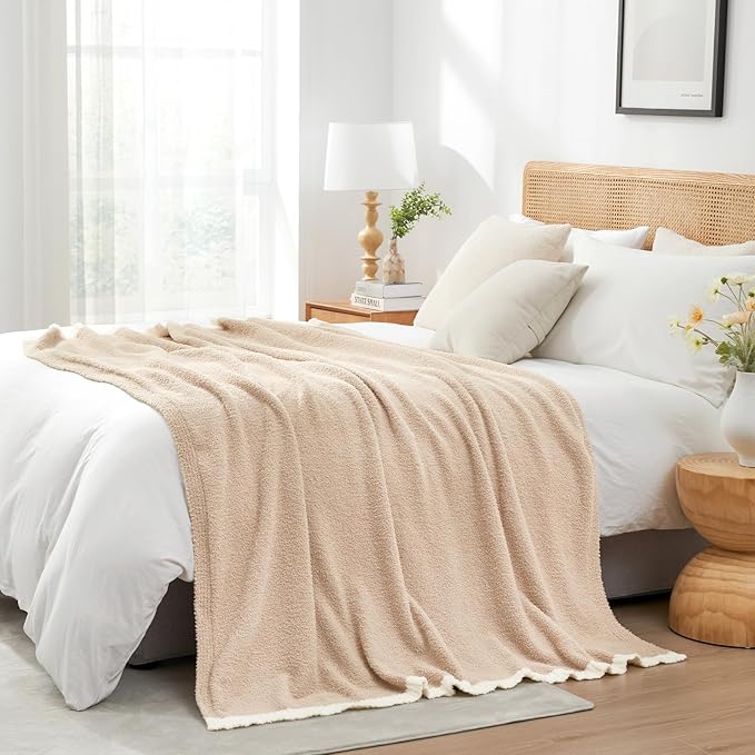 Snuggle Sac Beige Throw Blanket for Couch Bed Sofa 60x80 inches, Reversible Beige Blanket Microfiber Fluffy Fuzzy Cozy Knit Twin Blanket for Women Mothers Birthday Gifts