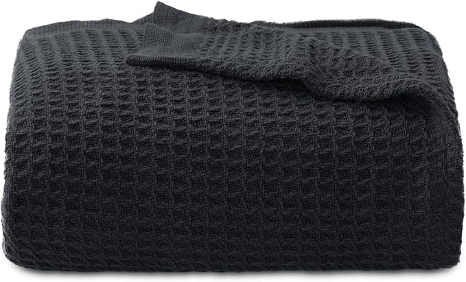 Bedsure Gentlesoft 100% Cotton Blanket Twin XL Size for College Dorm - Cooling Breathable and Soft for Spring Summer, Waffle Weave Twin Blanket for Bed, Dorm Room Essentials, Black, 66x90 inches