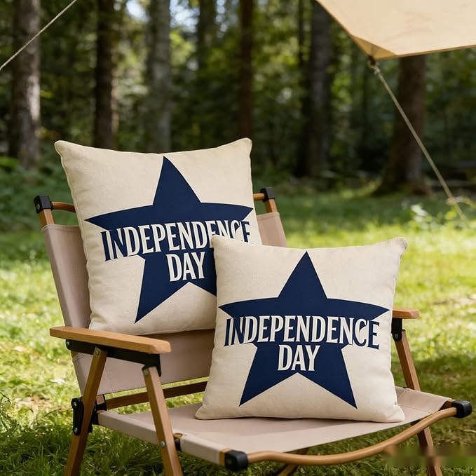 Independence Day Throw Pillow Covers, Linen, 18x18 Inch, Farmhouse Style, Set of 2, Decorative Square Cushion Covers with Zipper July 4th