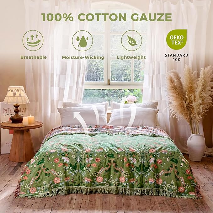 Boho Throw Blanket for Bed 100% Cotton Soft Breathable Quilt Room Decor Spring Bed Blankets,Floral Garden Embroidery All Season Green Reversible Blankets for Sofa Couch Chair 90"x98"