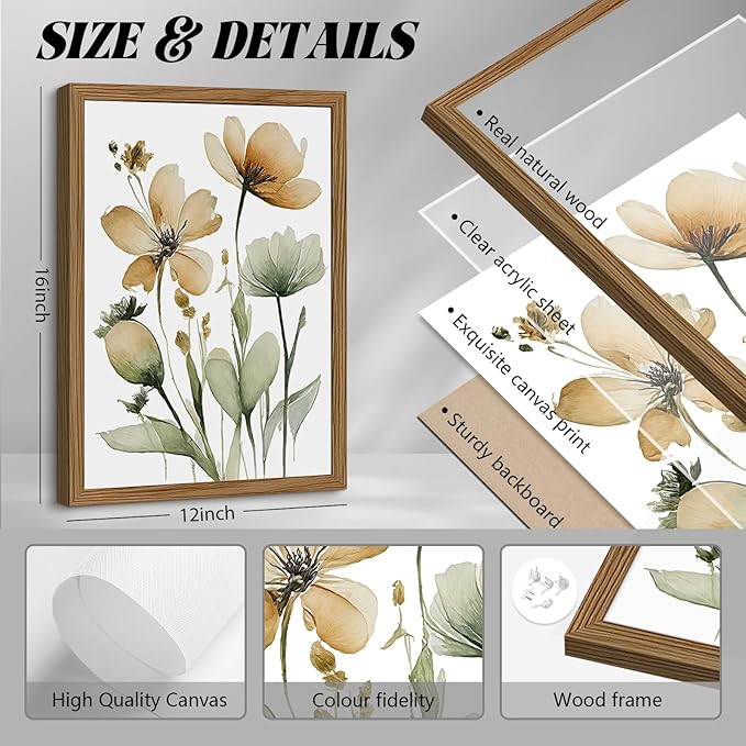 Sage Green Botanical Wall Art Boho Floral Wall Decor Minimalist Plant Canvas Pictures Flower Botanical Prints Watercolor Wildflower Poster Painting for Bathroom Bedroom 12x16x3 Inch Wood Frame