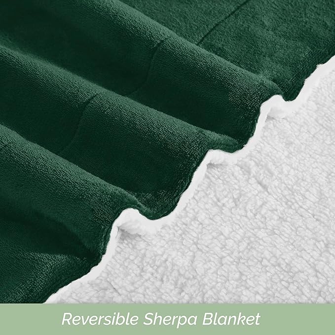 Elegant Comfort Ultra Soft Reversible Flannel Sherpa Blanket - Cozy Silky Fleece Throw for Couch, Bed - Plush Fuzzy Warm Winter Blanket for Gift, Full, Hunter Green