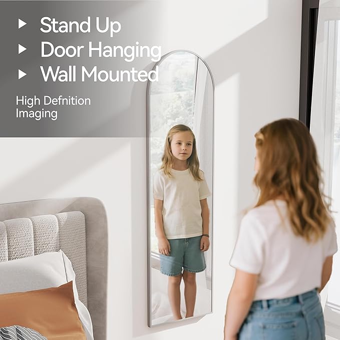 57x16 Door Hanging Full Length Mirror, Floor Stand (Height 5.7ft just Body in1.3ft) / Wall Mounted Metal Frame Arch Dressing Mirrors for Bedroom Living Room 57 inch Silver