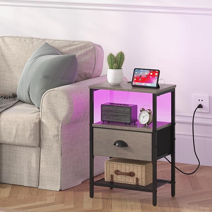 Nightstands Set of 2, LED Night Stands with Charging Station and Fabric Drawer, Bedside Tables with Drawers, 2- Tier LED Side Table End Table Charging Station Livingroom Bedroom, Grey