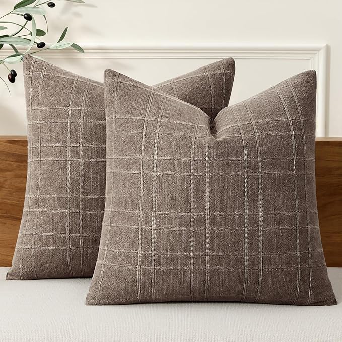 MIULEE Decorative Linen Check Euro Shams Throw Pillow Covers Neutral Farmhouse Vintage Pillow Covers 24x24 Set of 2 Boho Modern Winter Home Decor for Sofa Couch Bedroom Cushion Taupe