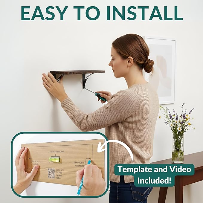 Willowy Reinforced Steel Bracket Rustic Brown Shelves - Easy to Install, Template and Video Included - Deep Large Wall Shelves for Bedroom, Open Kitchen Shelves for Wall