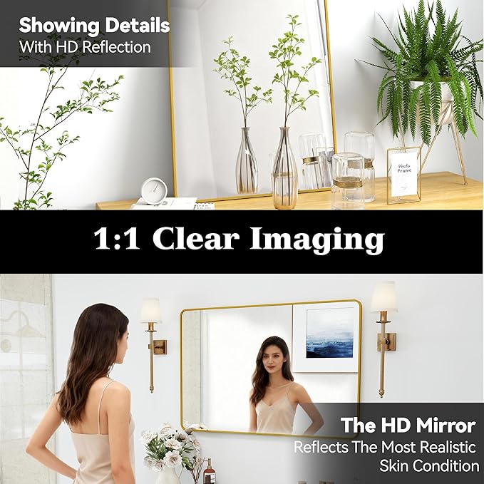 24x36 Mirror Rectangle Full Length Wall Mounted or Against Wall Aluminum Alloy Metal Frame Dressing Mirrors for Entryway Bedroom Bathroom Living Room 36x24 inch Gold