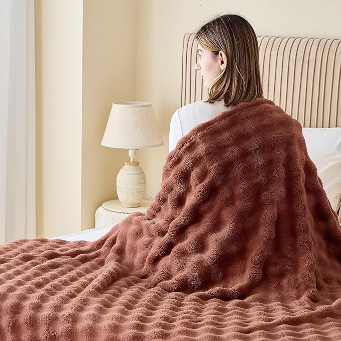 NEWCOSPLAY Queen Blanket for Couch Coffee Super Soft Flannel Fleece 3D Bubble Lightweight Bed Blanket All Season Use (Coffee, Queen(90"x90"))