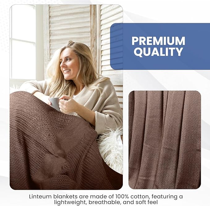 Linteum Textile Supply Leno Weave Chocolate Blanket, Queen 100% Cotton, Lightweight, Warm, Fluffy, Premium and Durable Soft & Cozy Bed Blanket for Home, Couch, Sofa & Dorm, All Season Throw [90x90]