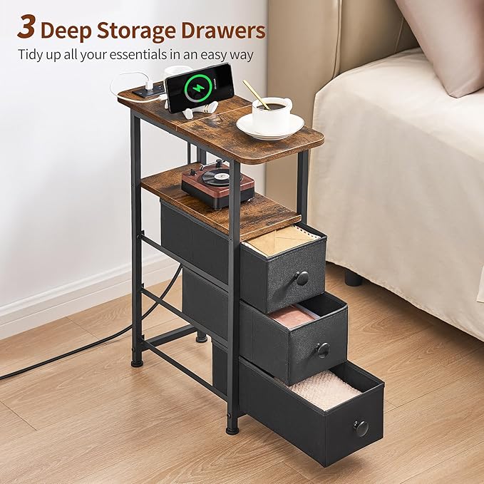 Narrow End Table with Charging Station, Narrow Side Table with Drawer, Small Nightstand with LED Light, Skinny Nightstand, Small Bedside Table for Living Room, Bedroom, Couch, Rustic Brown
