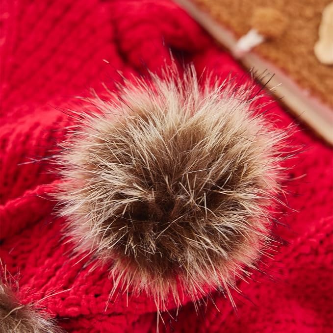 vctops Christmas Fur Pom Pom Knit Throw Blanket Super Soft Warm Cozy Cable Knitted Blanket for Sofa and Couch 51 x 63 Inch Red